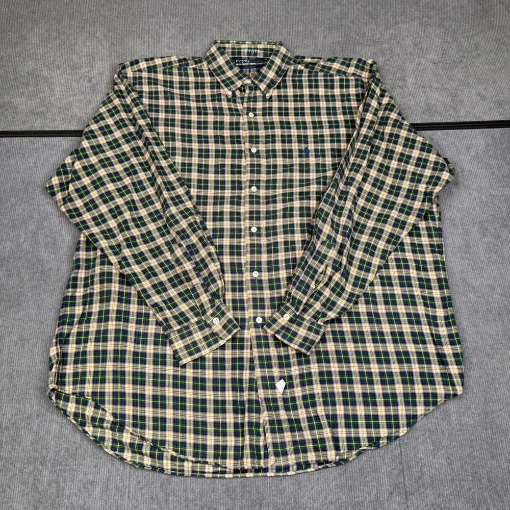 Vintage Polo Ralph Lauren Plaid Button Down Shirt XL Green Navy‎ Blue Yellow